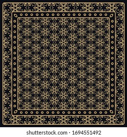 Black and gold abstract graphic pattern. Geometric ornament with frame, border. Line art, lace, embroidery background. Bandanna, shawl, scarf, tablecloth design for textile fabric print