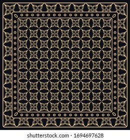 Black and gold abstract graphic pattern. Geometric ornament with frame, border. Line art, lace, embroidery background. Bandanna, shawl, scarf, tablecloth design for textile fabric print