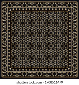 Black and gold abstract graphic pattern. Geometric ornament with frame, border. Line art, lace, embroidery background. Bandanna, shawl, scarf, tablecloth design for textile fabric print