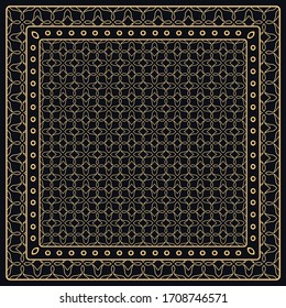 Black and gold abstract graphic pattern. Geometric ornament with frame, border. Line art, lace, embroidery background. Bandanna, shawl, scarf, tablecloth design for textile fabric print