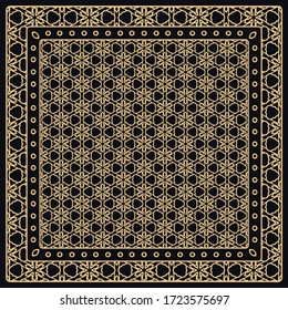 Black and gold abstract graphic pattern. Geometric ornament with frame, border. Line art, lace, embroidery background. Bandanna, shawl, scarf, tablecloth design for textile fabric print