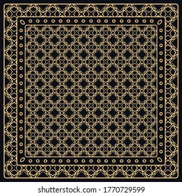 Black and gold abstract graphic pattern. Geometric ornament with frame, border. Line art, lace, embroidery background. Bandanna, shawl, scarf, tablecloth design for textile fabric print