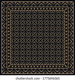 Black and gold abstract graphic pattern. Geometric ornament with frame, border. Line art, lace, embroidery background. Bandanna, shawl, scarf, tablecloth design for textile fabric print