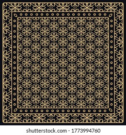 Black and gold abstract graphic pattern. Geometric ornament with frame, border. Line art, lace, embroidery background. Bandanna, shawl, scarf, tablecloth design for textile fabric print