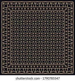 Black and gold abstract graphic pattern. Geometric ornament with frame, border. Line art, lace, embroidery background. Bandanna, shawl, scarf, tablecloth design for textile fabric print