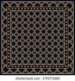 Patrón gráfico abstracto de negro y oro. Ornamento geométrico con marco, borde. Línea de arte, encaje, fondo de bordado. Banana, chal, pañuelo, manteles para la impresión de tela textil