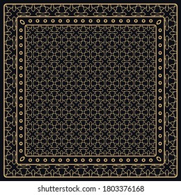 Black and gold abstract graphic pattern. Geometric ornament with frame, border. Line art, lace, embroidery background. Bandanna, shawl, scarf, tablecloth design for textile fabric print