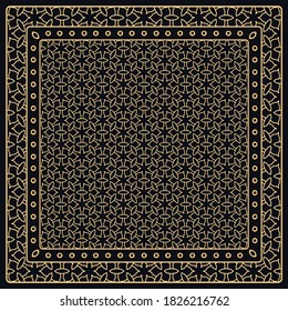 Black and gold abstract graphic pattern. Geometric ornament with frame, border. Line art, lace, embroidery background. Bandanna, shawl, scarf, tablecloth design for textile fabric print