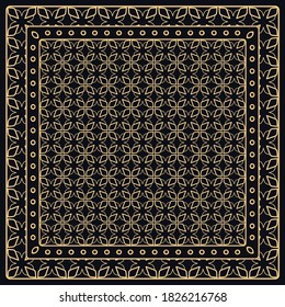 Patrón gráfico abstracto de negro y oro. Ornamento geométrico con marco, borde. Línea de arte, encaje, fondo de bordado. Banana, chal, pañuelo, manteles para la impresión de tela textil