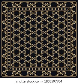 Black and gold abstract graphic pattern. Geometric ornament with frame, border. Line art, lace, embroidery background. Bandanna, shawl, scarf, tablecloth design for textile fabric print