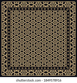 Black and gold abstract graphic pattern. Geometric ornament with frame, border. Line art, lace, embroidery background. Bandanna, shawl, scarf, tablecloth design for textile fabric print