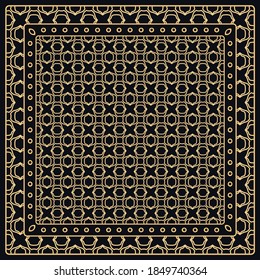 Black and gold abstract graphic pattern. Geometric ornament with frame, border. Line art, lace, embroidery background. Bandanna, shawl, scarf, tablecloth design for textile fabric print