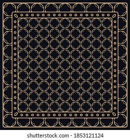 Black and gold abstract graphic pattern. Geometric ornament with frame, border. Line art, lace, embroidery background. Bandanna, shawl, scarf, tablecloth design for textile fabric print