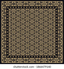 Patrón gráfico abstracto de negro y oro. Ornamento geométrico con marco, borde. Línea de arte, encaje, fondo de bordado. Banana, chal, pañuelo, manteles para la impresión de tela textil