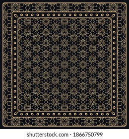 Black and gold abstract graphic pattern. Geometric ornament with frame, border. Line art, lace, embroidery background. Bandanna, shawl, scarf, tablecloth design for textile fabric print