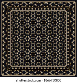 Abstraktes grafisches Muster in Schwarz und Gold. Geometrisches Ornament mit Rahmen, Rahmen. Line Art, Spitze, Stickereihintergrund. Bandanna, Schal, Schal, Tischdecken-Design für Stoffdruck
