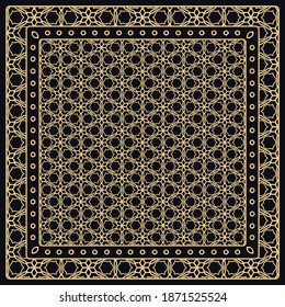 Black and gold abstract graphic pattern. Geometric ornament with frame, border. Line art, lace, embroidery background. Bandanna, shawl, scarf, tablecloth design for textile fabric print