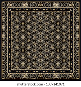 Black and gold abstract graphic pattern. Geometric ornament with frame, border. Line art, lace, embroidery background. Bandanna, shawl, scarf, tablecloth design for textile fabric print