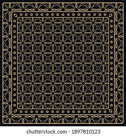 Black and gold abstract graphic pattern. Geometric ornament with frame, border. Line art, lace, embroidery background. Bandanna, shawl, scarf, tablecloth design for textile fabric print