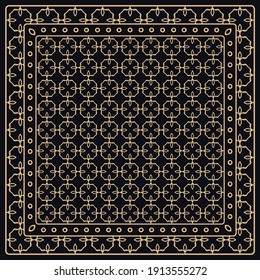 Black and gold abstract graphic pattern. Geometric ornament with frame, border. Line art, lace, embroidery background. Bandanna, shawl, scarf, tablecloth design for textile fabric print