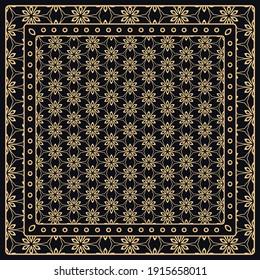 Black and gold abstract graphic pattern. Geometric ornament with frame, border. Line art, lace, embroidery background. Bandanna, shawl, scarf, tablecloth design for textile fabric print