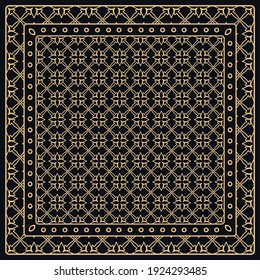 Black and gold abstract graphic pattern. Geometric ornament with frame, border. Line art, lace, embroidery background. Bandanna, shawl, scarf, tablecloth design for textile fabric print