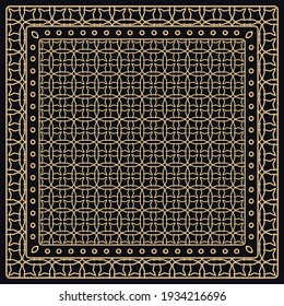 Black and gold abstract graphic pattern. Geometric ornament with frame, border. Line art, lace, embroidery background. Bandanna, shawl, scarf, tablecloth design for textile fabric print