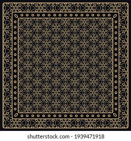Abstraktes grafisches Muster in Schwarz und Gold. Geometrisches Ornament mit Rahmen, Rahmen. Line Art, Spitze, Stickereihintergrund. Bandanna, Schal, Schal, Tischdecken-Design für Stoffdruck