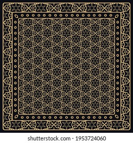 Black and gold abstract graphic pattern. Geometric ornament with frame, border. Line art, lace, embroidery background. Bandanna, shawl, scarf, tablecloth design for textile fabric print