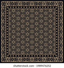 Patrón gráfico abstracto de negro y oro. Ornamento geométrico con marco, borde. Línea de arte, encaje, fondo de bordado. Banana, chal, pañuelo, manteles para la impresión de tela textil