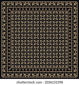 Black and gold abstract graphic pattern. Geometric ornament with frame, border. Line art, lace, embroidery background. Bandanna, shawl, scarf, tablecloth design for textile fabric print