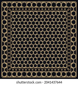 Black and gold abstract graphic pattern. Geometric ornament with frame, border. Line art, lace, embroidery background. Bandanna, shawl, scarf, tablecloth design for textile fabric print