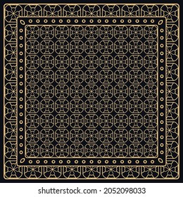 Black and gold abstract graphic pattern. Geometric ornament with frame, border. Line art, lace, embroidery background. Bandanna, shawl, scarf, tablecloth design for textile fabric print