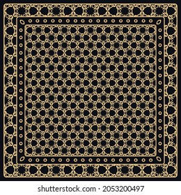 Black and gold abstract graphic pattern. Geometric ornament with frame, border. Line art, lace, embroidery background. Bandanna, shawl, scarf, tablecloth design for textile fabric print