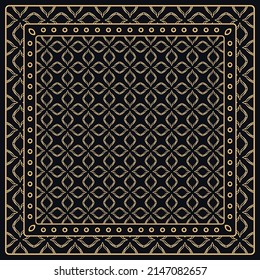 Black and gold abstract graphic pattern. Geometric ornament with frame, border. Line art, lace, embroidery background. Bandanna, shawl, scarf, tablecloth design for textile fabric print