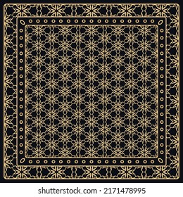 Black and gold abstract graphic pattern. Geometric ornament with frame, border. Line art, lace, embroidery background. Bandanna, shawl, scarf, tablecloth design for textile fabric print