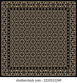 Black and gold abstract graphic pattern. Geometric ornament with frame, border. Line art, lace, embroidery background. Bandanna, shawl, scarf, tablecloth design for textile fabric print