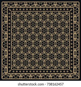 Black and gold abstract graphic pattern. Geometric ornament with frame, border. Line art, lace, embroidary background. Bandanna, shawl, scarf, tablecloth design for textile fabric print