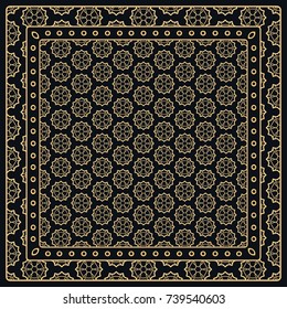 Black and gold abstract graphic pattern. Geometric ornament with frame, border. Line art, lace, embroidery background. Bandanna, shawl, scarf, tablecloth design for textile fabric print