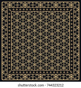 Black and gold abstract graphic pattern. Geometric ornament with frame, border. Line art, lace, embroidery background. Bandanna, shawl, scarf, tablecloth design for textile fabric print