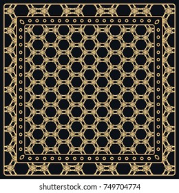 Black and gold abstract graphic pattern. Geometric ornament with frame, border. Line art, lace, embroidery background. Bandanna, shawl, scarf, tablecloth design for textile fabric print