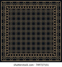 Black and gold abstract graphic pattern. Geometric ornament with frame, border. Line art, lace, embroidery background. Bandanna, shawl, scarf, tablecloth design for textile fabric print