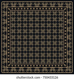 Black and gold abstract graphic pattern. Geometric ornament with frame, border. Line art, lace, embroidery background. Bandanna, shawl, scarf, tablecloth design for textile fabric print