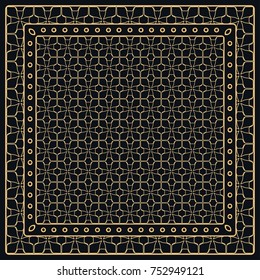 Black and gold abstract graphic pattern. Geometric ornament with frame, border. Line art, lace, embroidery background. Bandanna, shawl, scarf, tablecloth design for textile fabric print