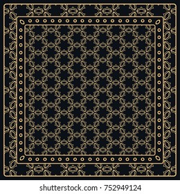 Black and gold abstract graphic pattern. Geometric ornament with frame, border. Line art, lace, embroidery background. Bandanna, shawl, scarf, tablecloth design for textile fabric print