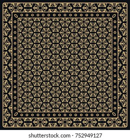 Black and gold abstract graphic pattern. Geometric ornament with frame, border. Line art, lace, embroidery background. Bandanna, shawl, scarf, tablecloth design for textile fabric print