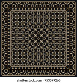 Black and gold abstract graphic pattern. Geometric ornament with frame, border. Line art, lace, embroidery background. Bandanna, shawl, scarf, tablecloth design for textile fabric print