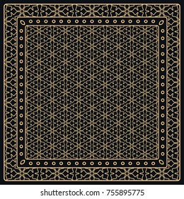 Black and gold abstract graphic pattern. Geometric ornament with frame, border. Line art, lace, embroidery background. Bandanna, shawl, scarf, tablecloth design for textile fabric print