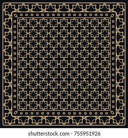 Black and gold abstract graphic pattern. Geometric ornament with frame, border. Line art, lace, embroidery background. Bandanna, shawl, scarf, tablecloth design for textile fabric print