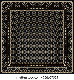 Black and gold abstract graphic pattern. Geometric ornament with frame, border. Line art, lace, embroidery background. Bandanna, shawl, scarf, tablecloth design for textile fabric print